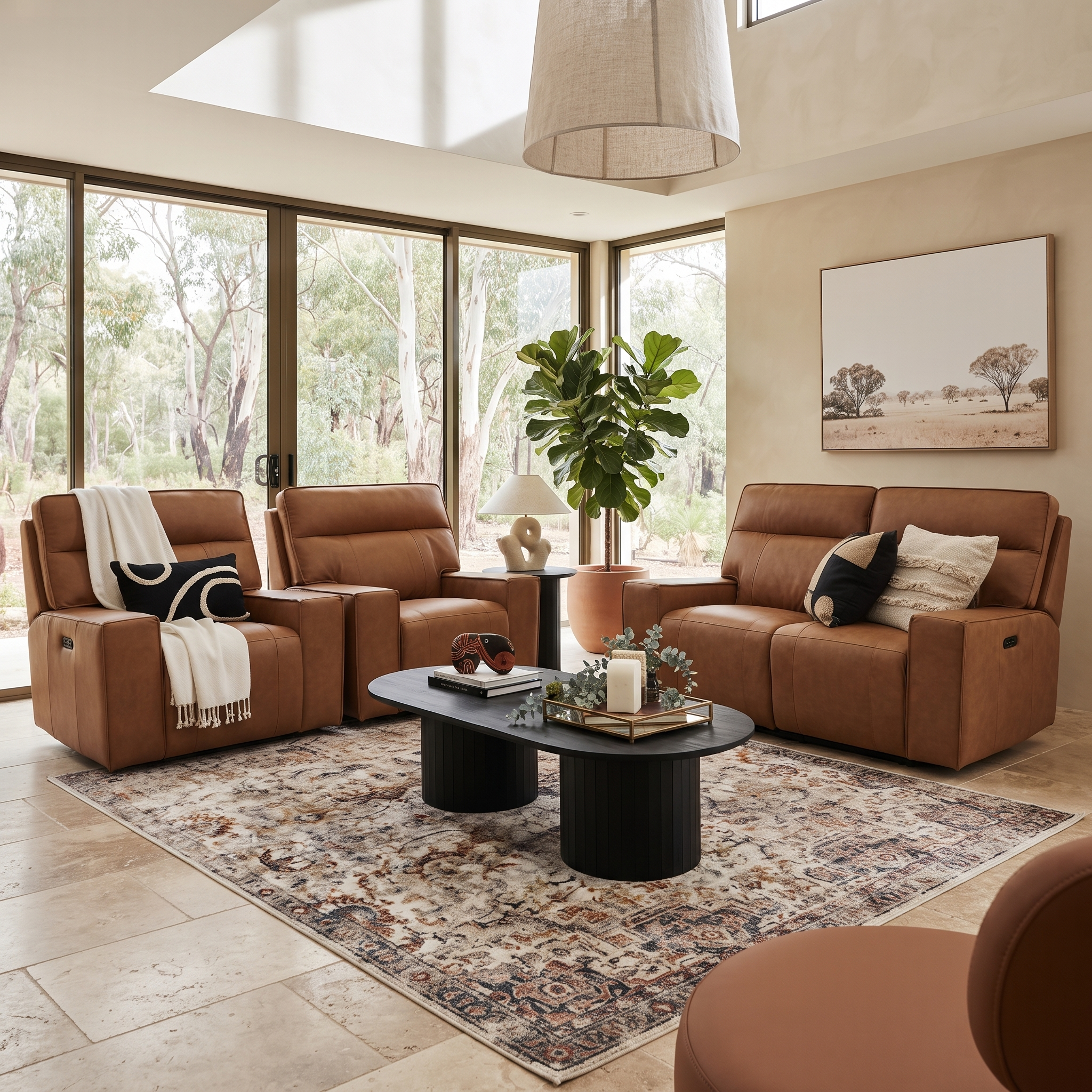 Rockville 2+1+1 Dual Motion Recliner Package in Vintage Tan Leather