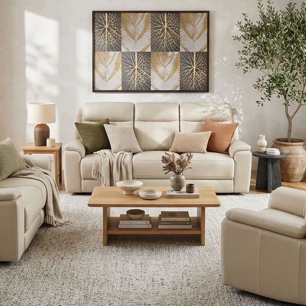 Nebraska 3 Seater Triple Electric in Beige Leather