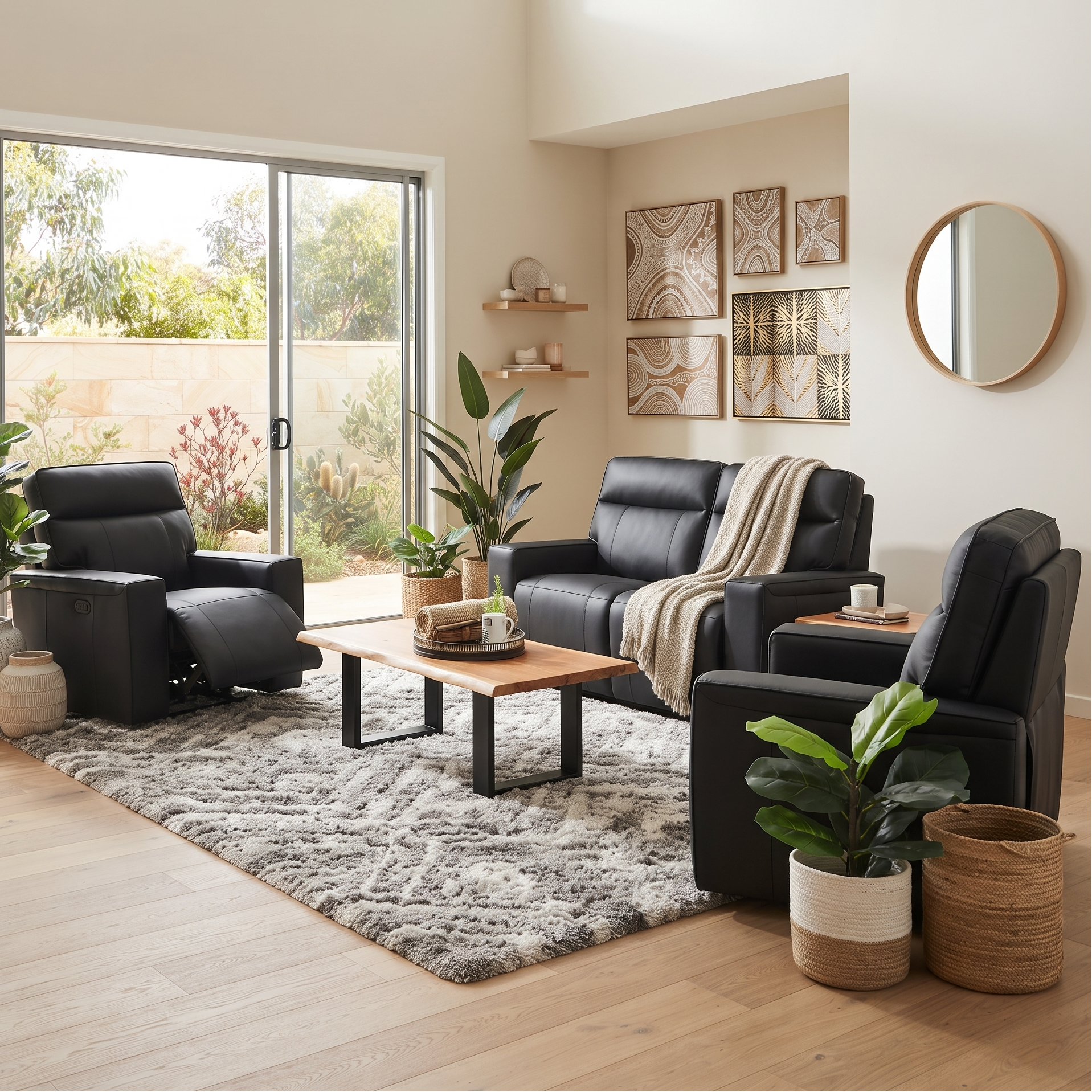 Rockville 2+1+1 Dual Motion Recliner Package in Black Leather