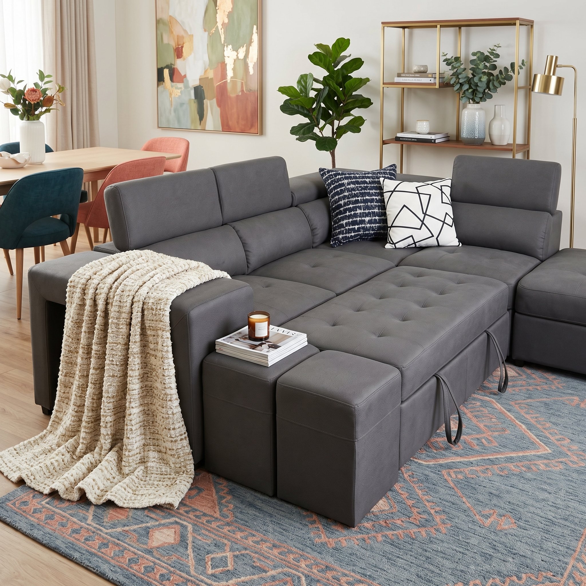 Hermes Right Chaise with sofa bed in charcoal