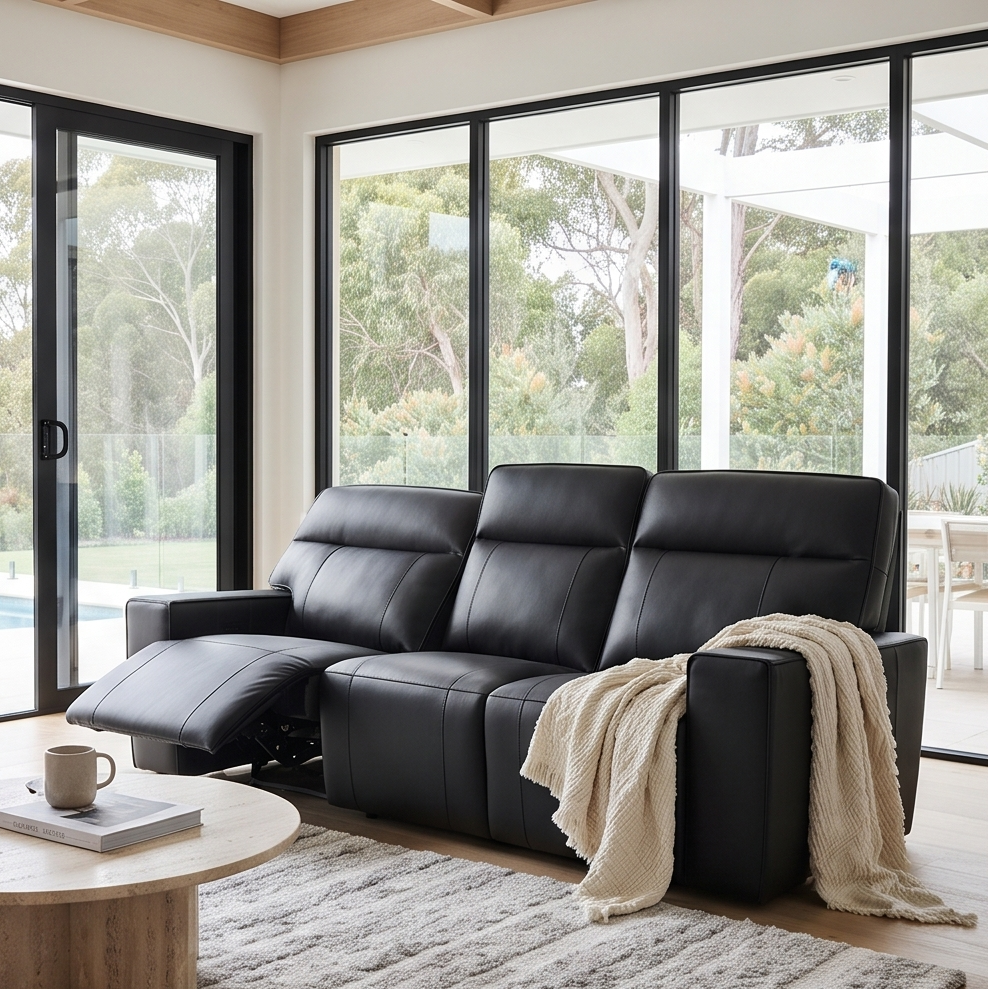 Rockville 3 seater with dual electric recliners in black leather