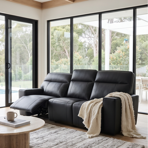 Rockville 3 seater with dual electric recliners in black leather