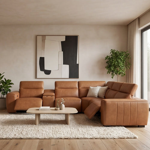 Haines Modular Lounge With 3 Dual Motor Electric Recliners In Tan Leather
