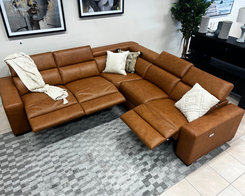 Monaco  modular lounge with 3 electric recliners and adjustable headrests in Chestnut Tan Leather