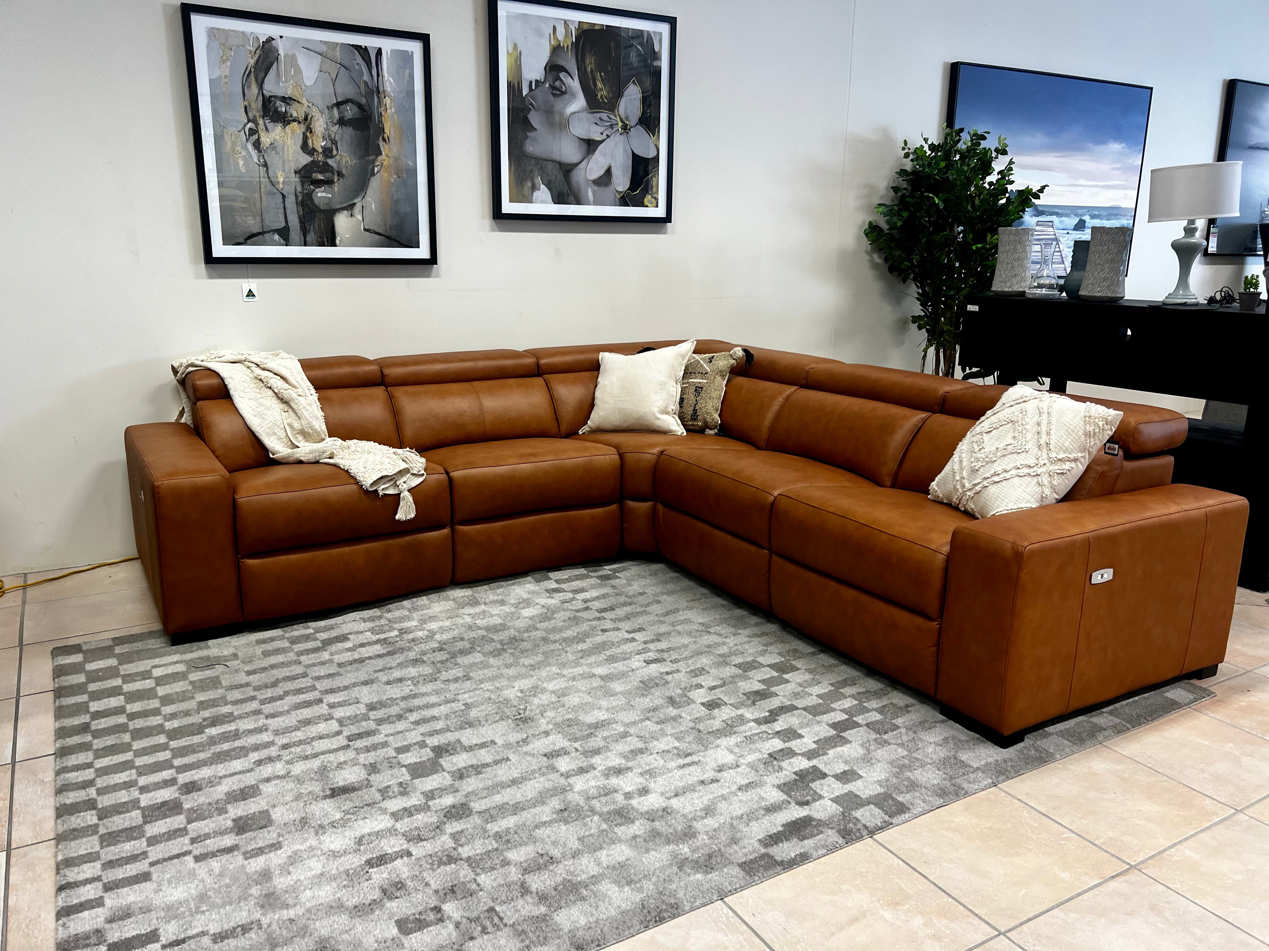 Monaco  modular lounge with 3 electric recliners and adjustable headrests in Chestnut Tan Leather