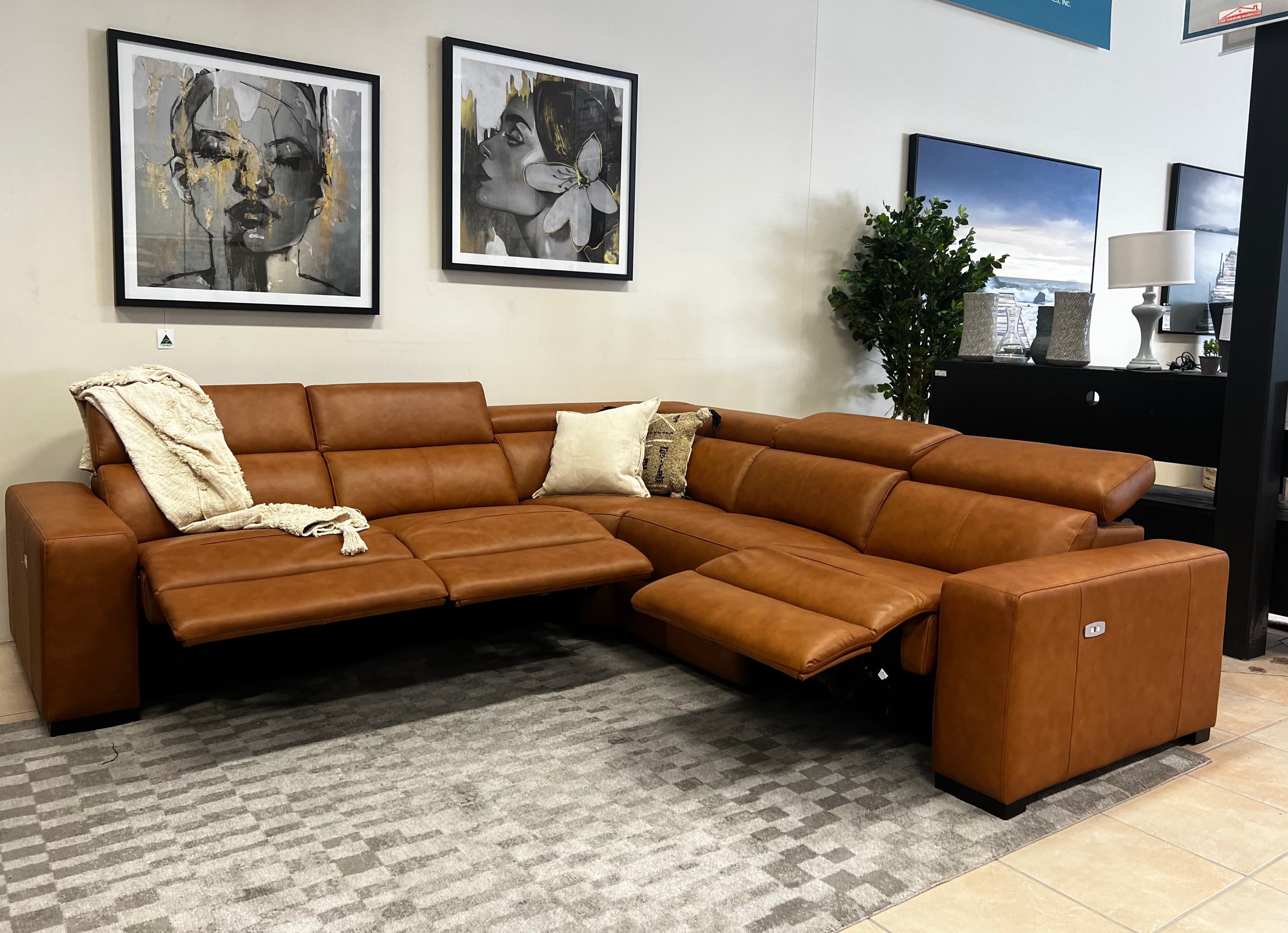 Monaco  modular lounge with 3 electric recliners and adjustable headrests in Chestnut Tan Leather