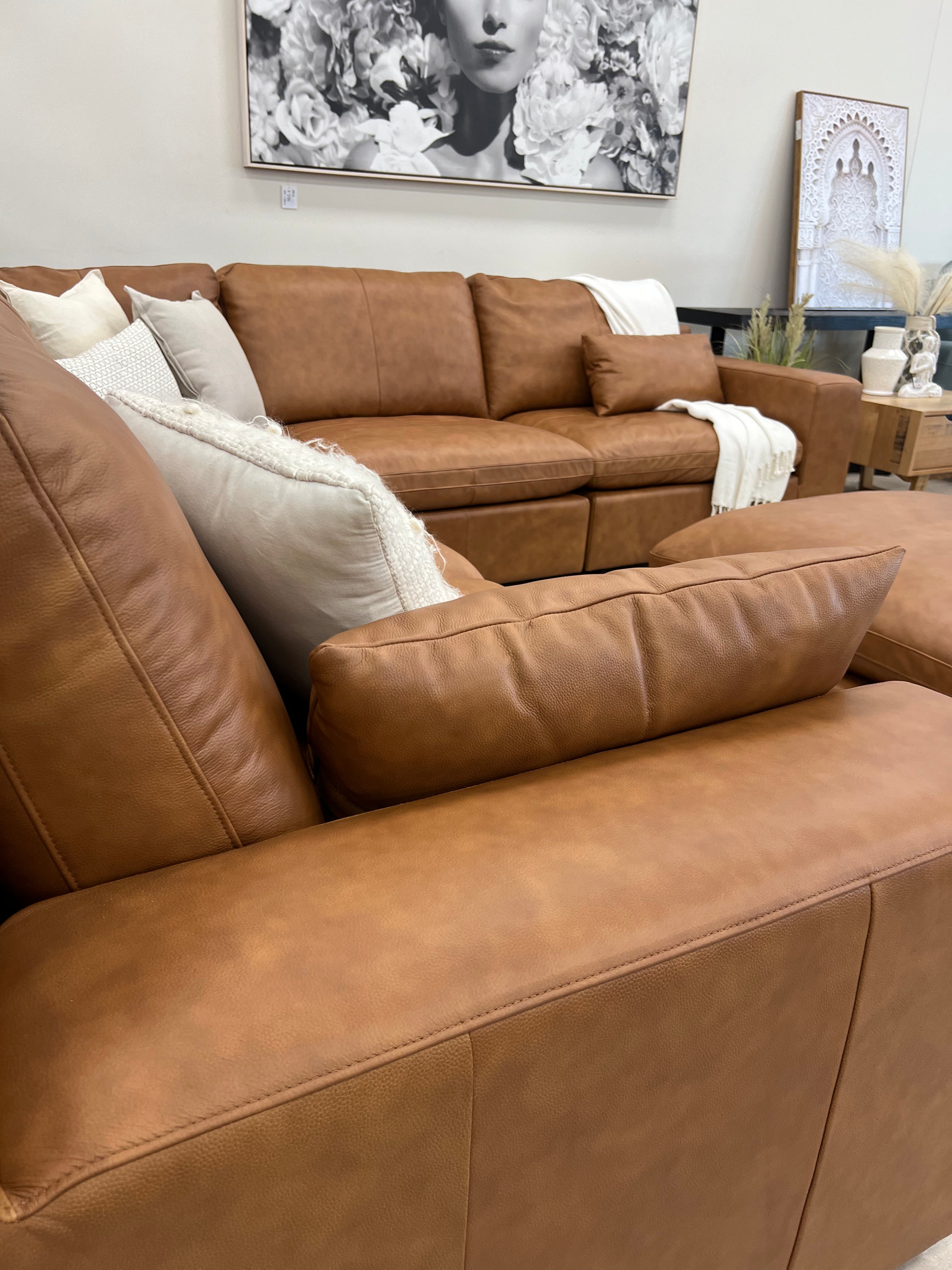 Tan leather corner online couch