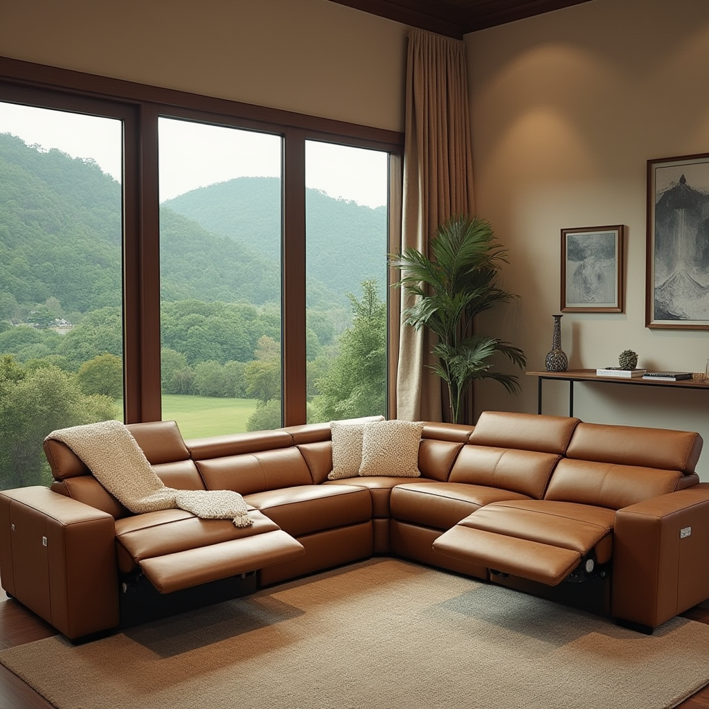 Monaco  modular lounge with 3 electric recliners and adjustable headrests in Chestnut Tan Leather