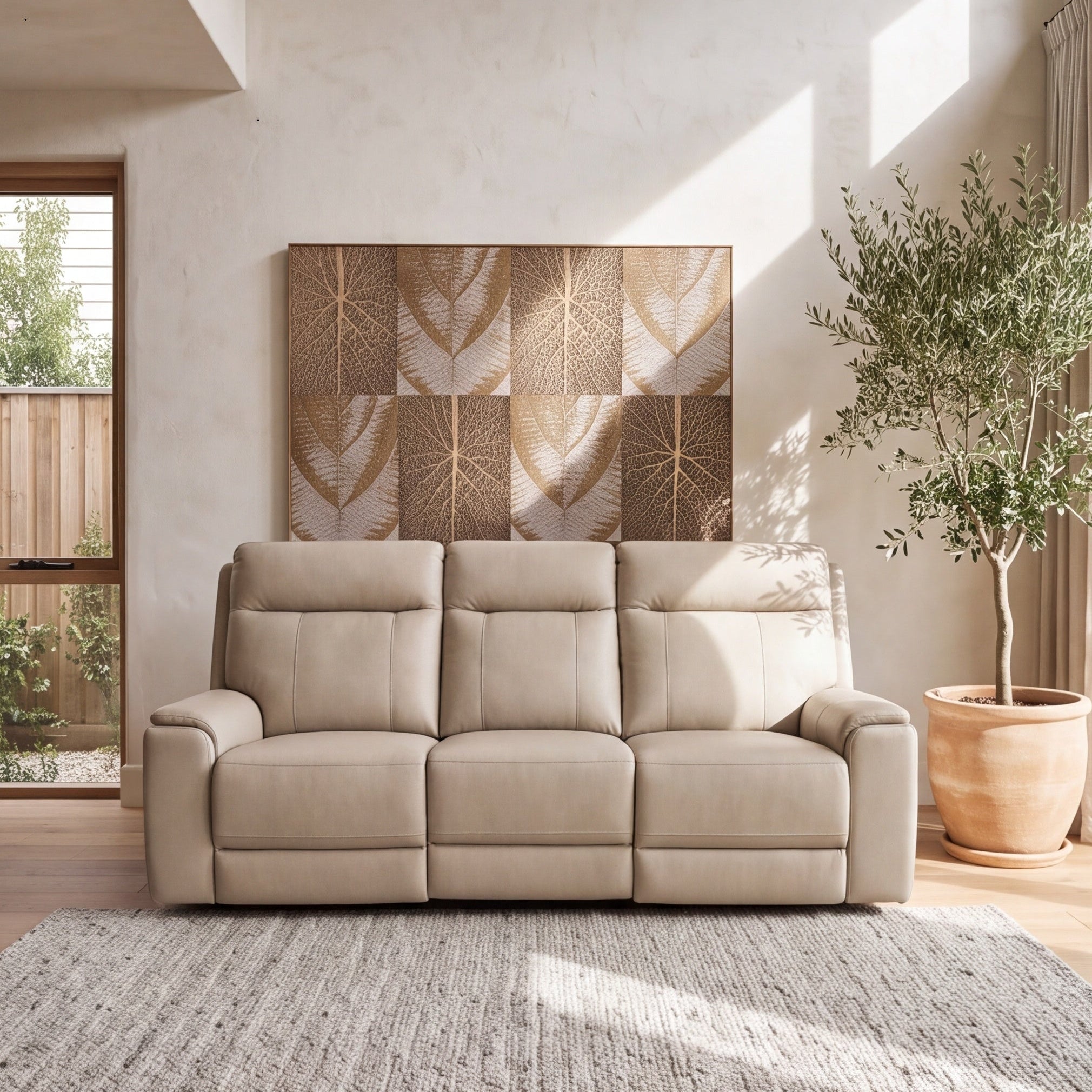 Nebraska 3 Seater Triple Electric in Beige Leather