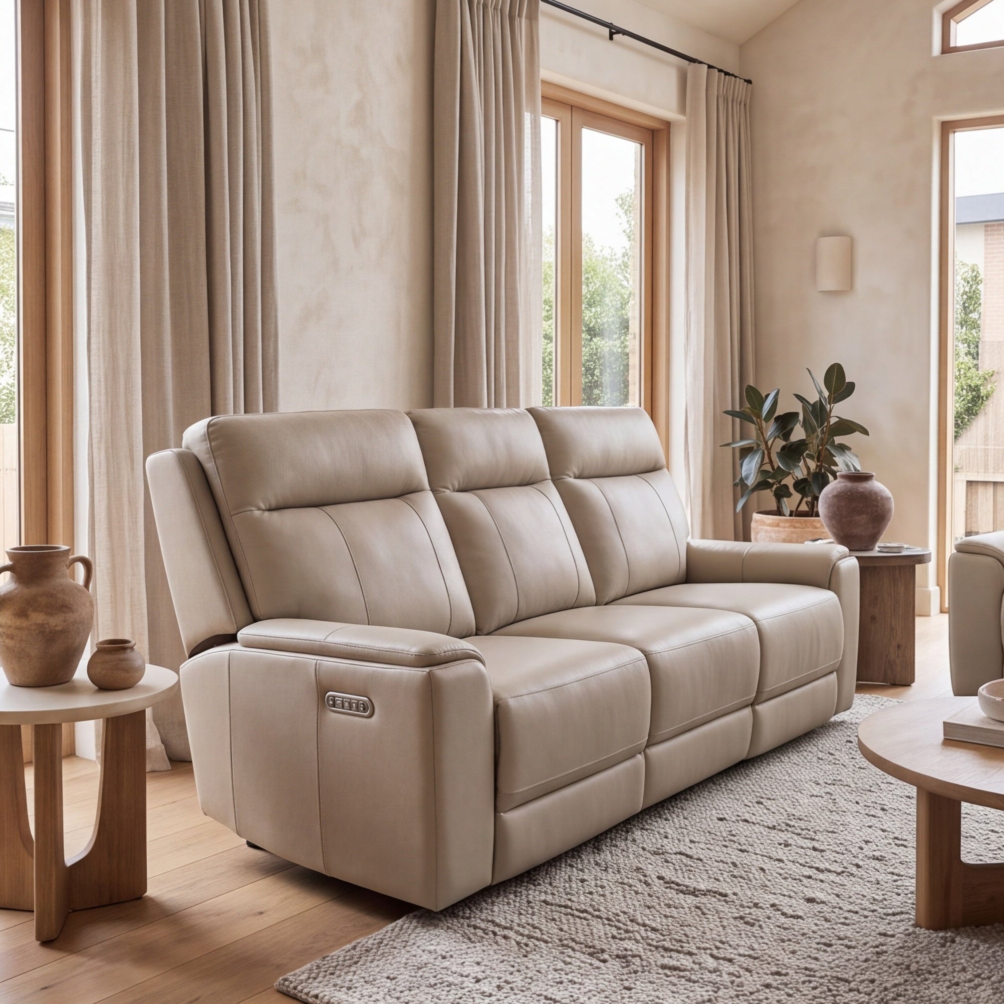 Nebraska 3 Seater Triple Electric in Beige Leather