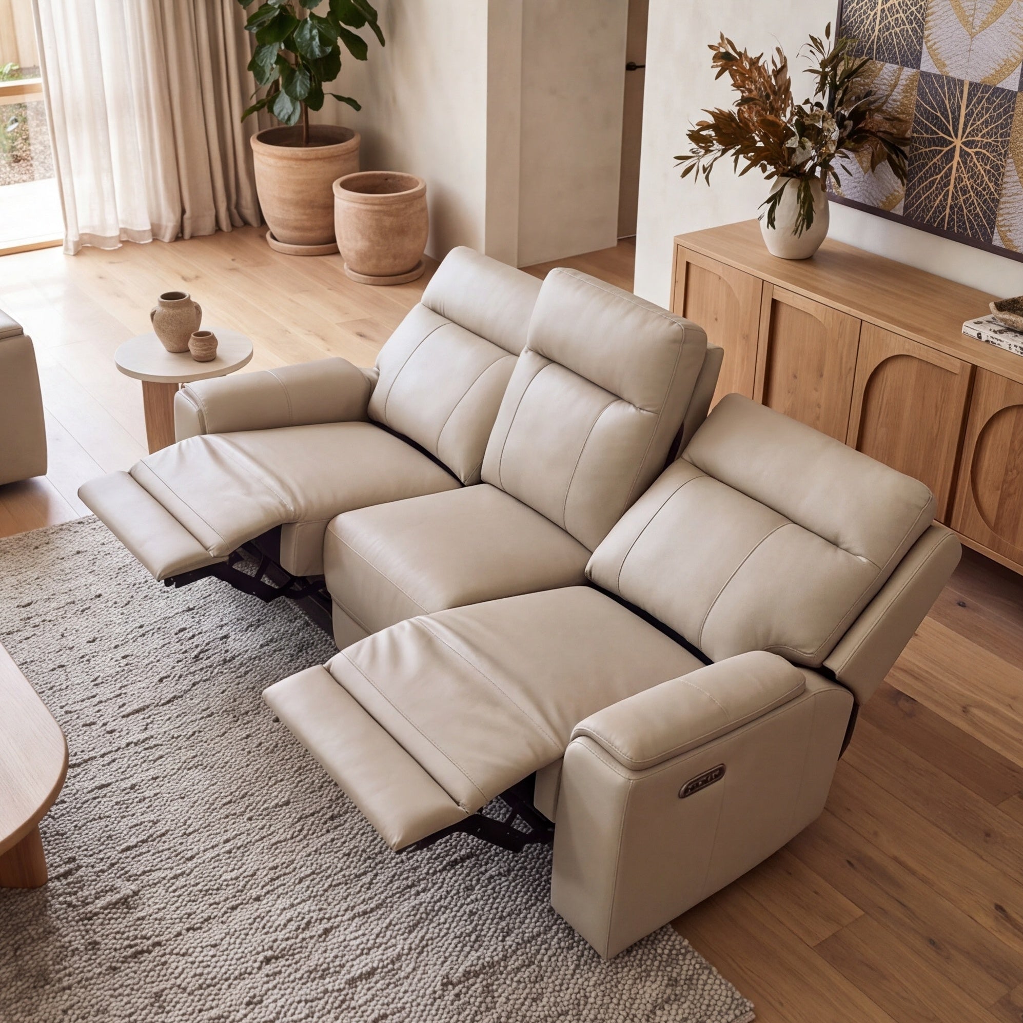 Nebraska 3 Seater Triple Electric in Beige Leather