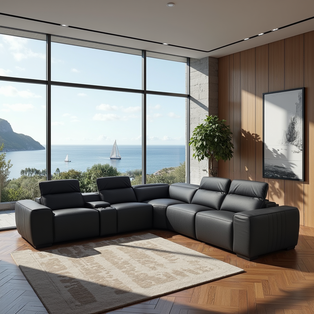 Haines Modular Lounge With 3 Dual Motor Electric Recliners In Black Leather