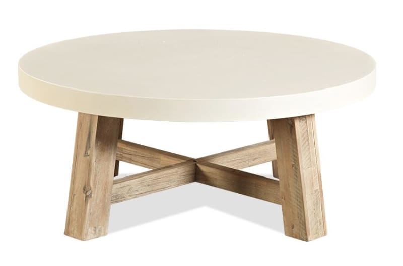 Toledo round coffee table with white concrete tops and acacia base - OCCASIONAL